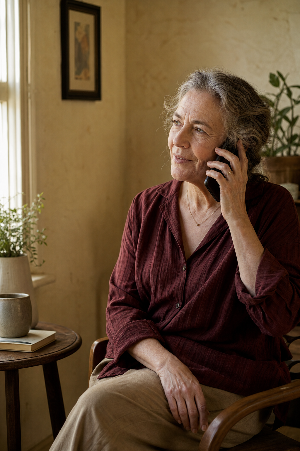 A woman at home having a conversation on her phone